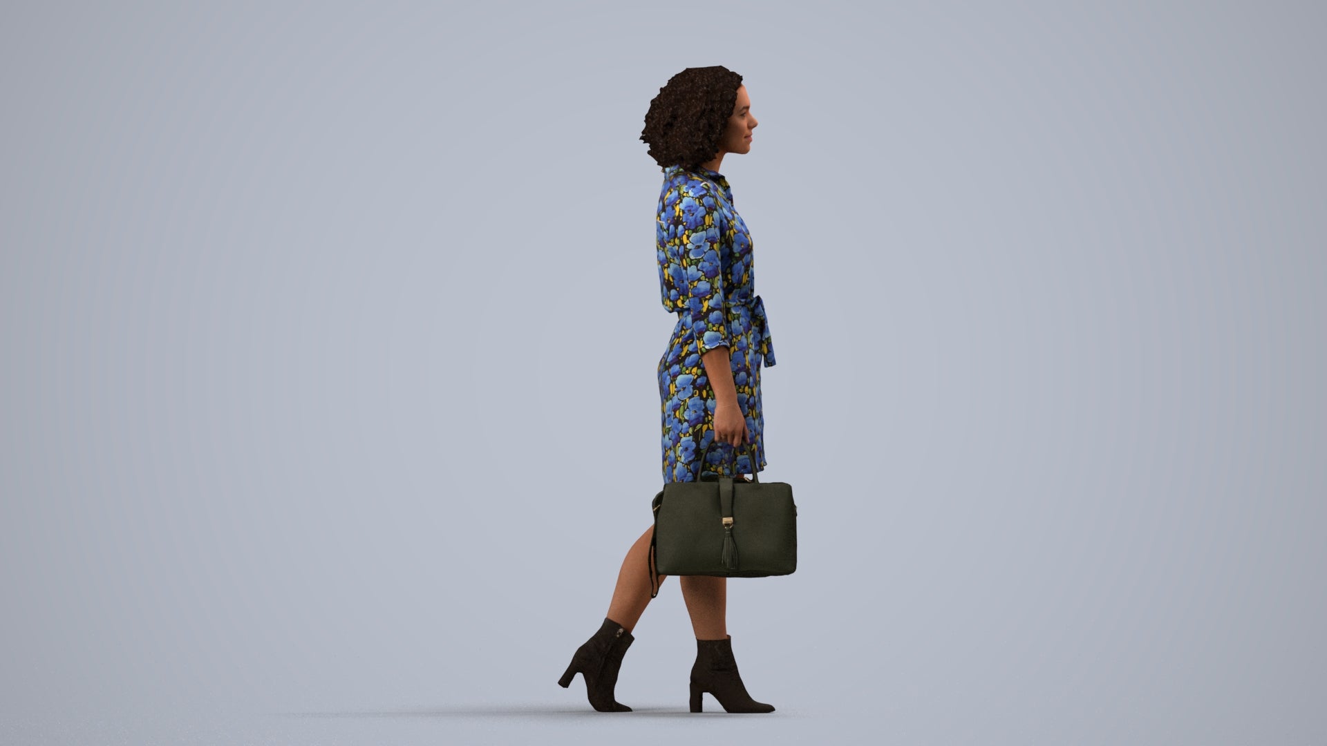 3D scanned woman walking casual, photorealistic archviz people for Enscape and SketchUp, side view render