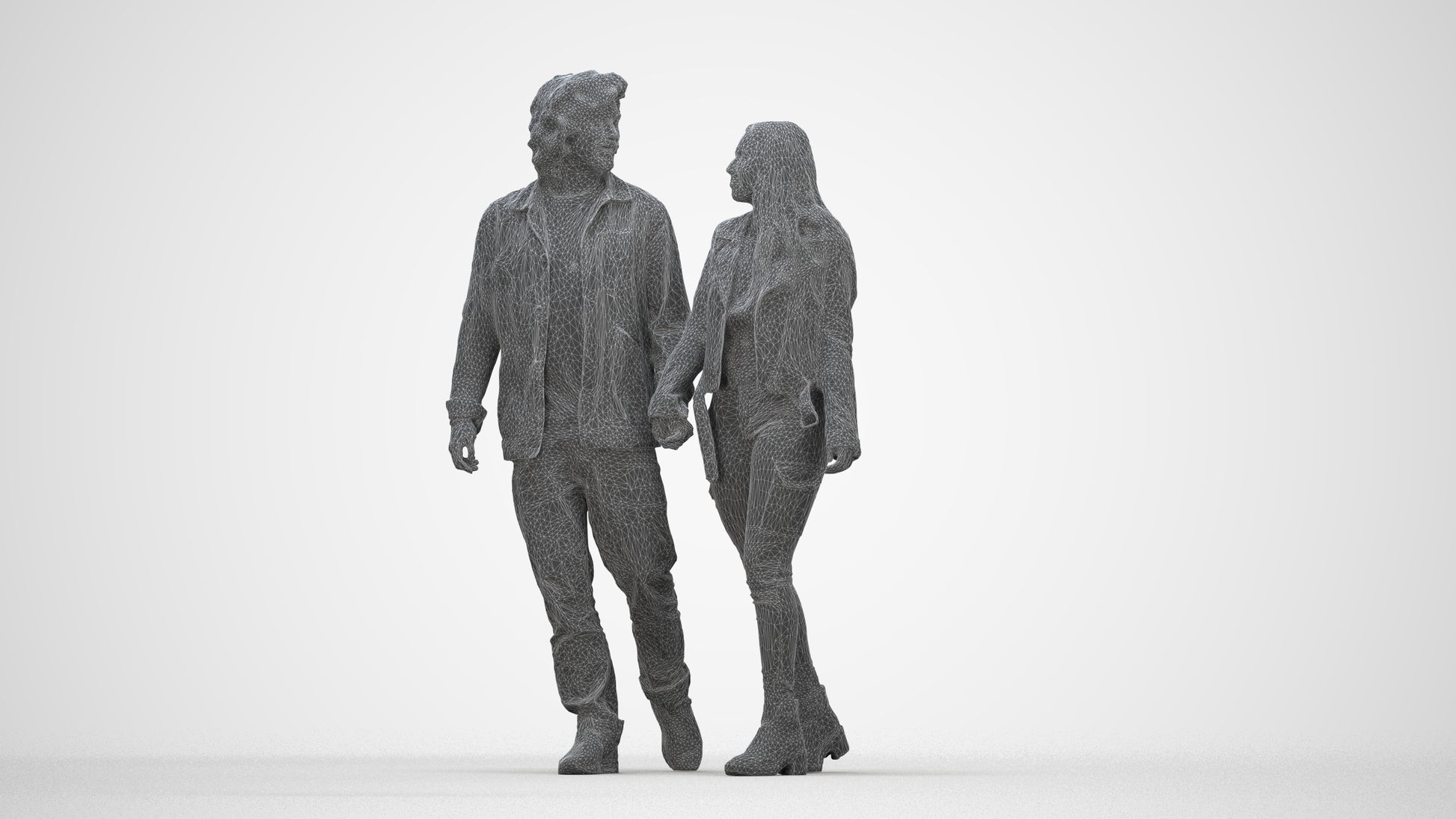 3D human model woman casual mix, photogrammetry scanned person for archviz, wireframe back view