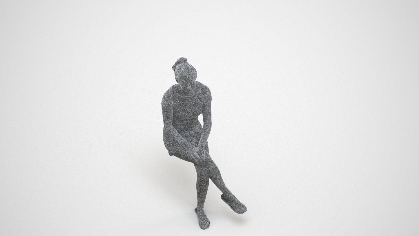 3D scanned woman sitting casual, photorealistic archviz people for Enscape and SketchUp, wireframe three-quarter view