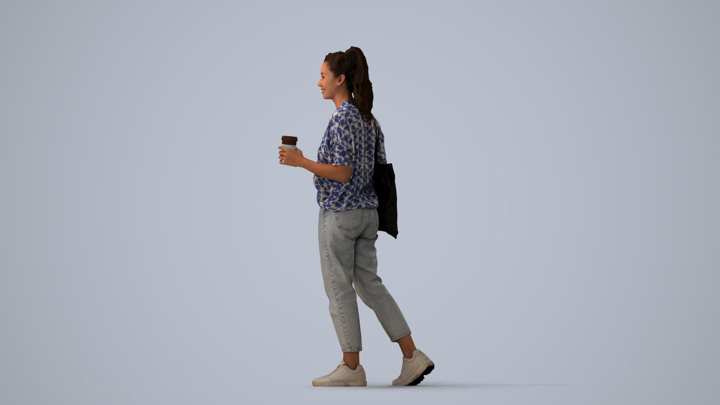 scanned 3D woman casual walking, photogrammetry people for Enscape and V-Ray, three-quarter view render