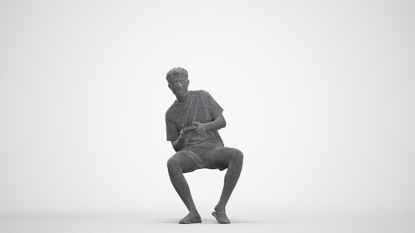 realistic 3D human man casual sitting, archviz people FBX OBJ for Blender, three-quarter front view render