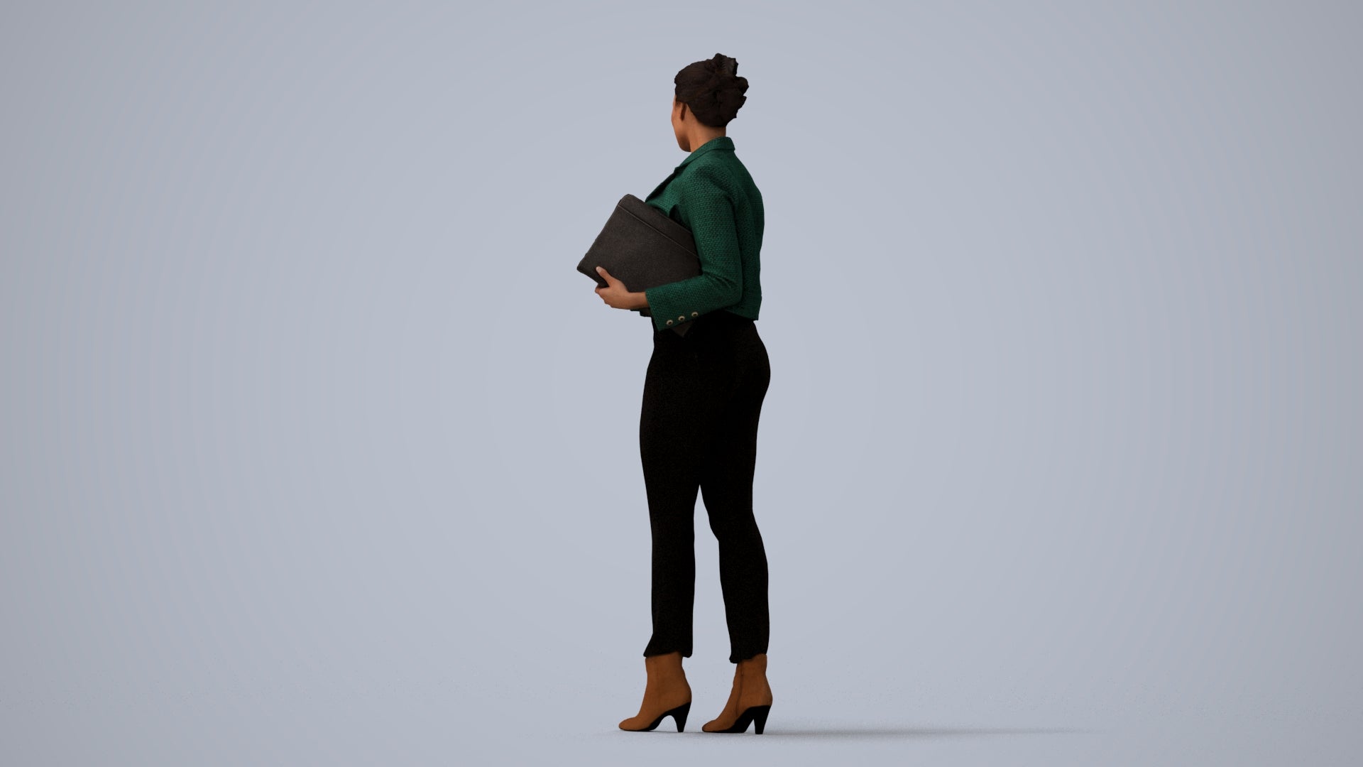 3D human model woman business standing, photogrammetry scanned person for archviz, three-quarter view render