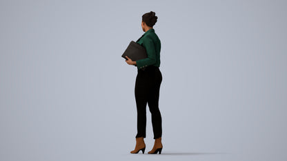 3D human model woman business standing, photogrammetry scanned person for archviz, three-quarter view render