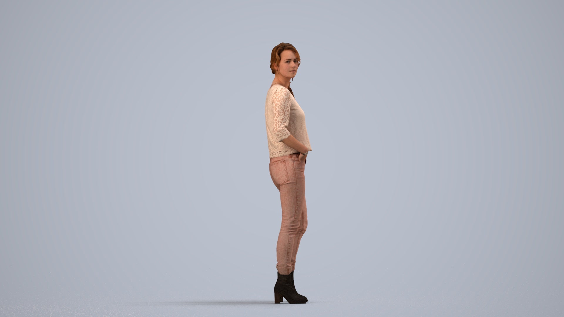 scanned 3D woman casual standing, photogrammetry people for Enscape and V-Ray, side view render