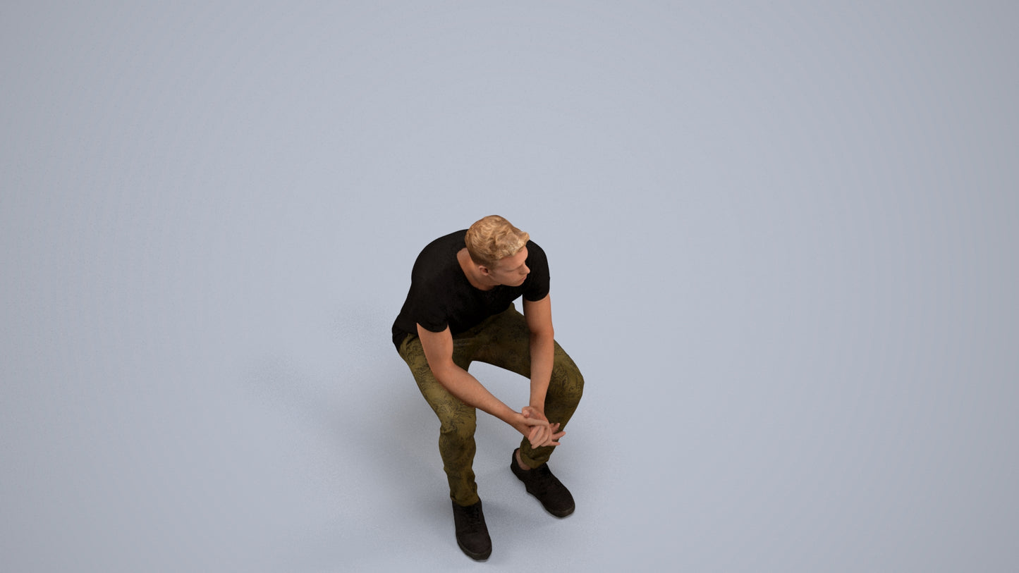 realistic 3D man casual sitting, scanned archviz people for Blender and 3ds Max, back view render