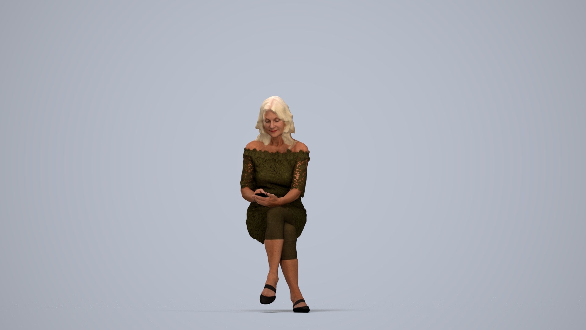 realistic 3D senior woman casual sitting, scanned archviz people for Blender and 3ds Max, top-down view render