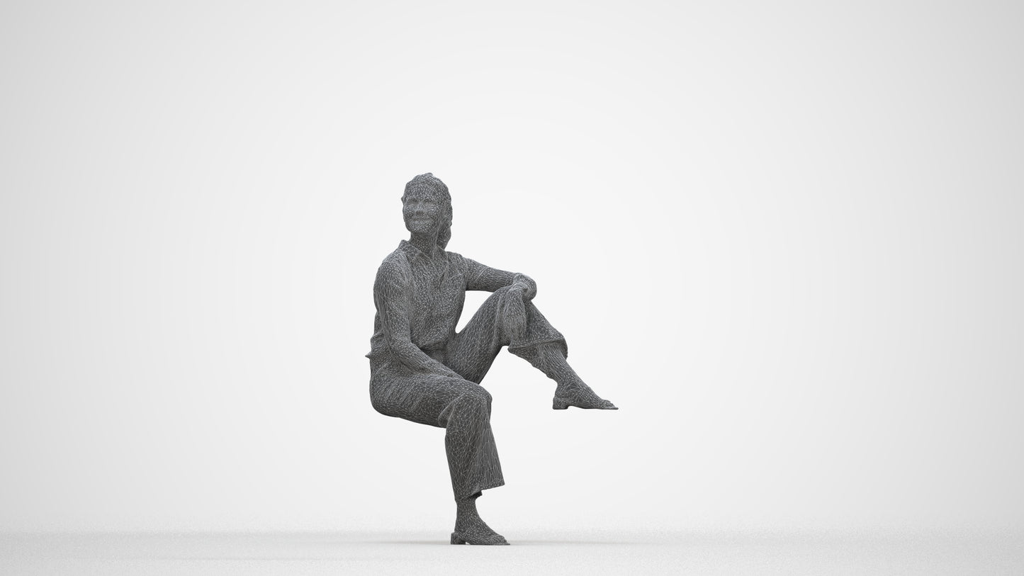 scanned 3D woman casual sitting, photogrammetry people for Enscape and V-Ray, wireframe back view