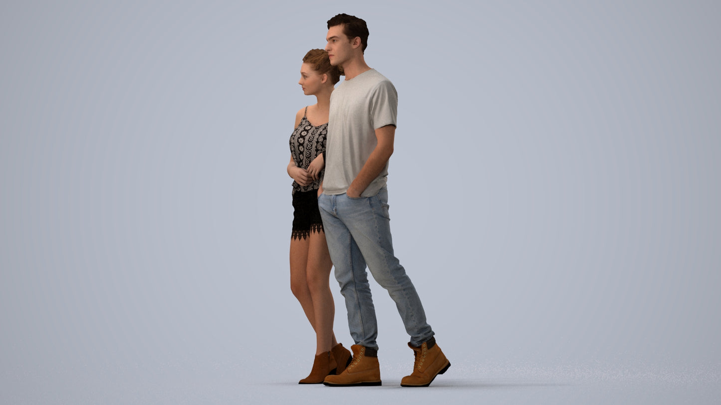3D people model woman casual couple, scanned human for 3ds Max rendering, three-quarter view render