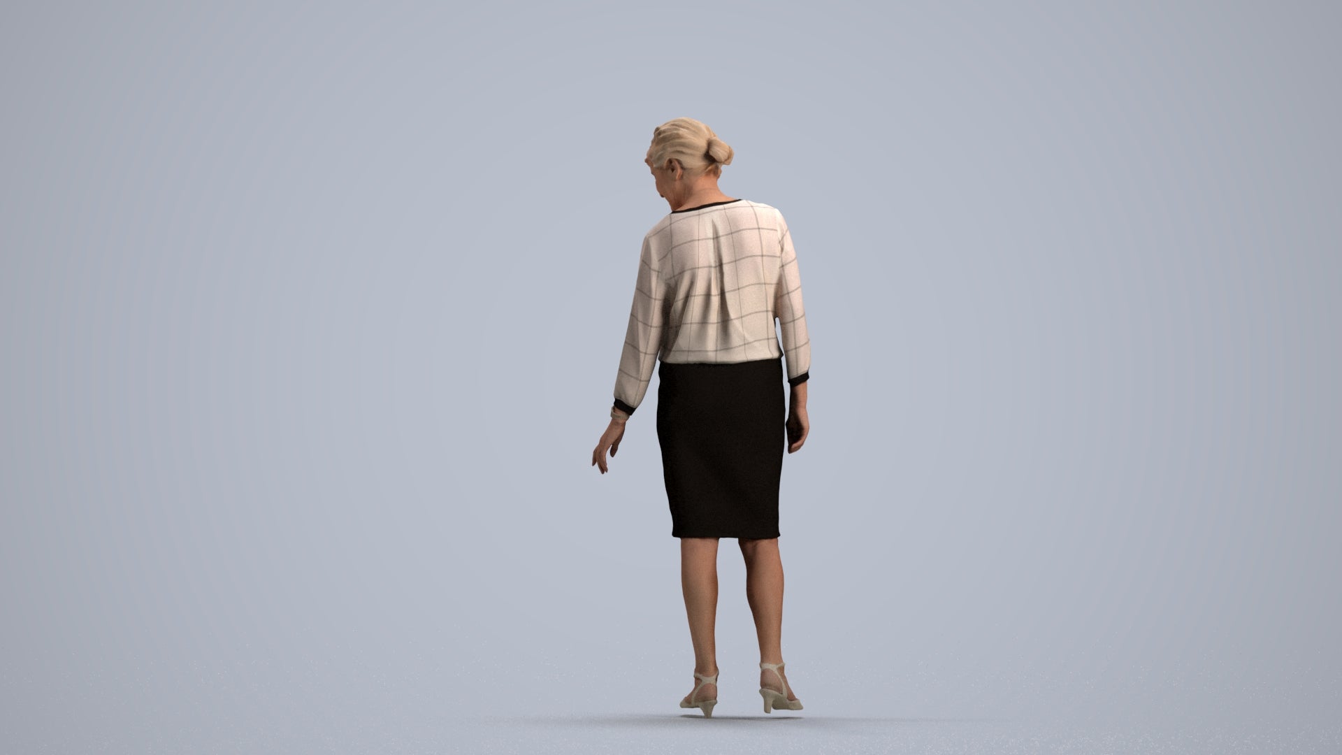 3D human model senior woman business standing, photogrammetry scanned person for archviz, front view render
