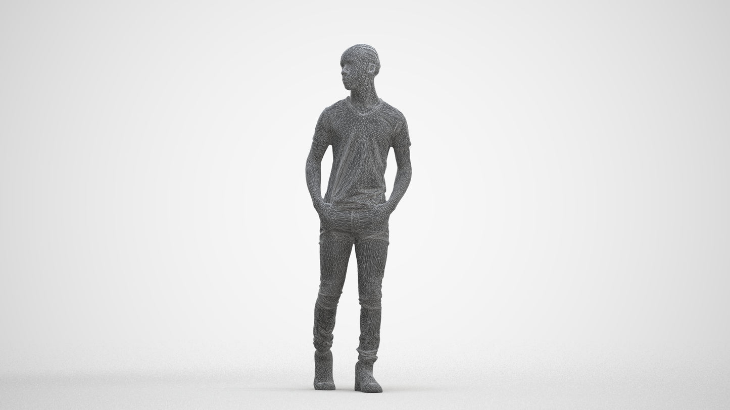 3D human model boy casual kids, photogrammetry scanned person for archviz, three-quarter front view render