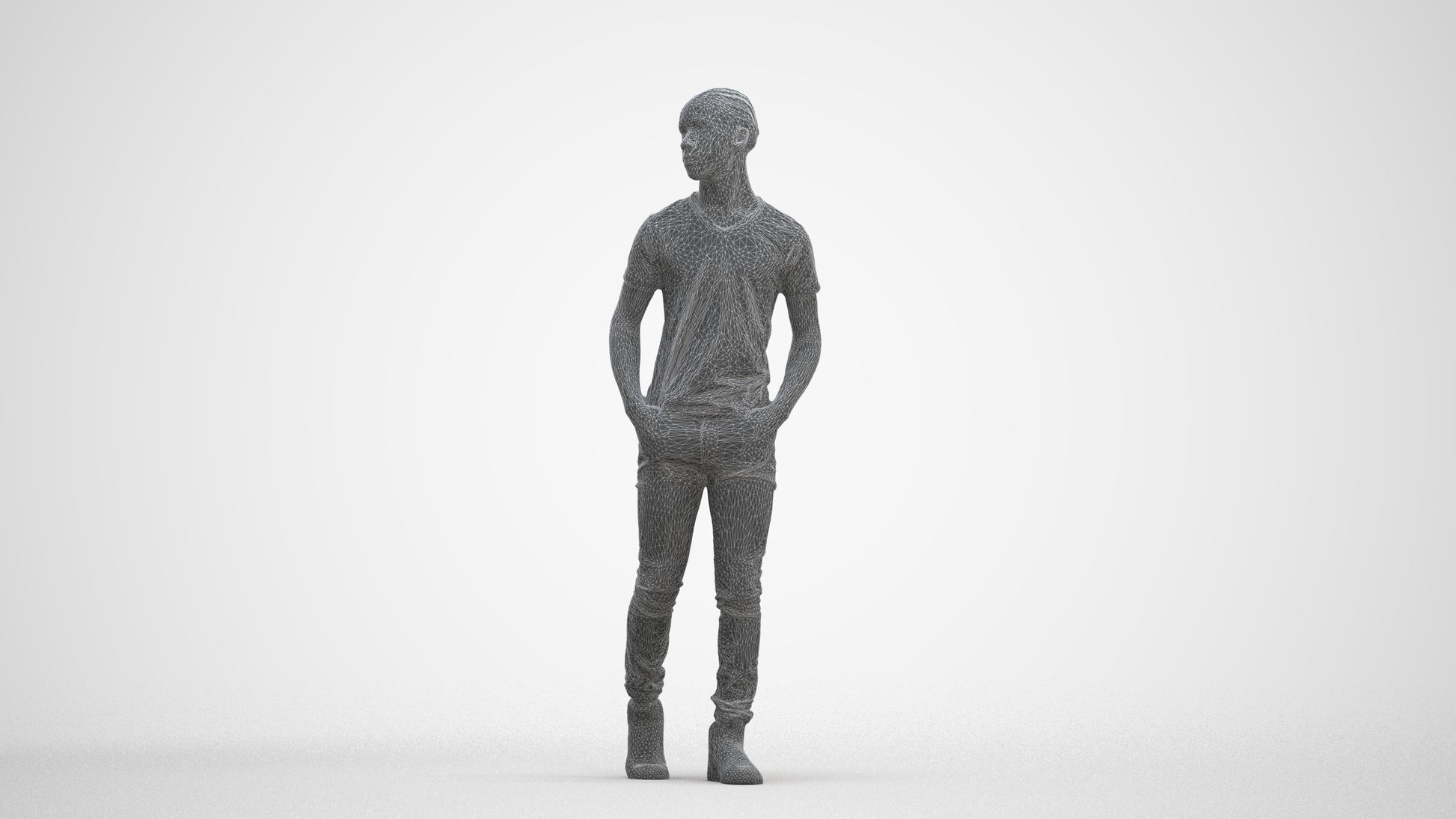 3D human model boy casual kids, photogrammetry scanned person for archviz, three-quarter front view render