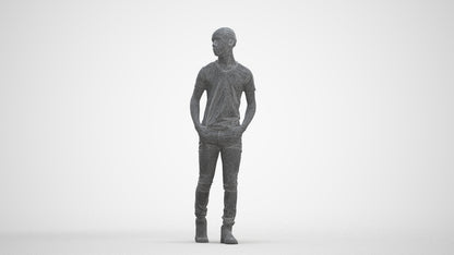 3D human model boy casual kids, photogrammetry scanned person for archviz, three-quarter front view render