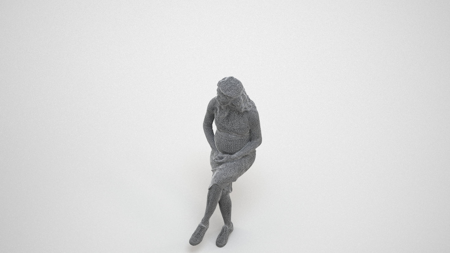 3D human model woman casual sitting, photogrammetry scanned person for archviz, wireframe three-quarter view