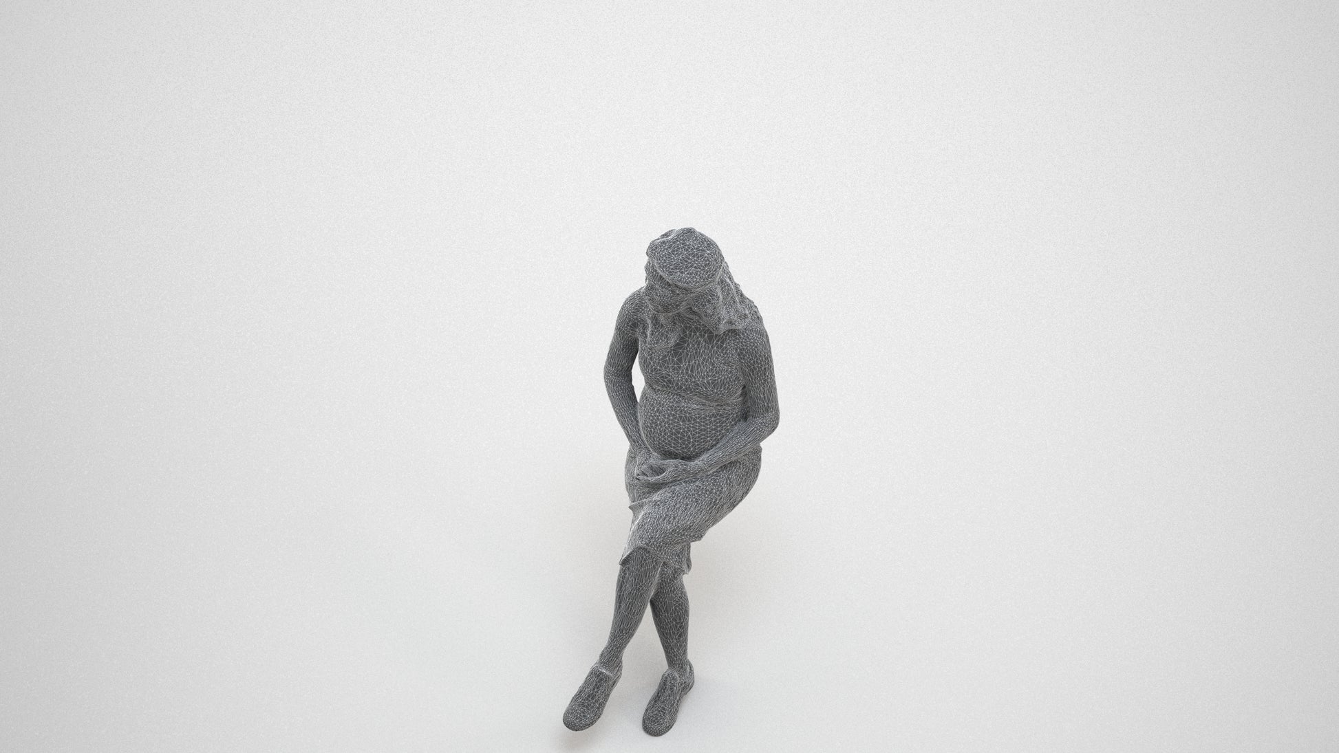 3D human model woman casual sitting, photogrammetry scanned person for archviz, wireframe three-quarter view