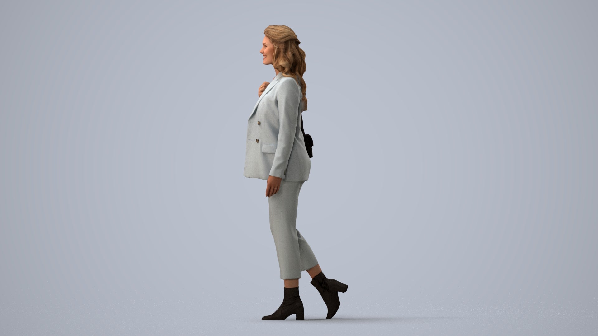 3D people model woman business walking, scanned human for 3ds Max rendering, three-quarter view render