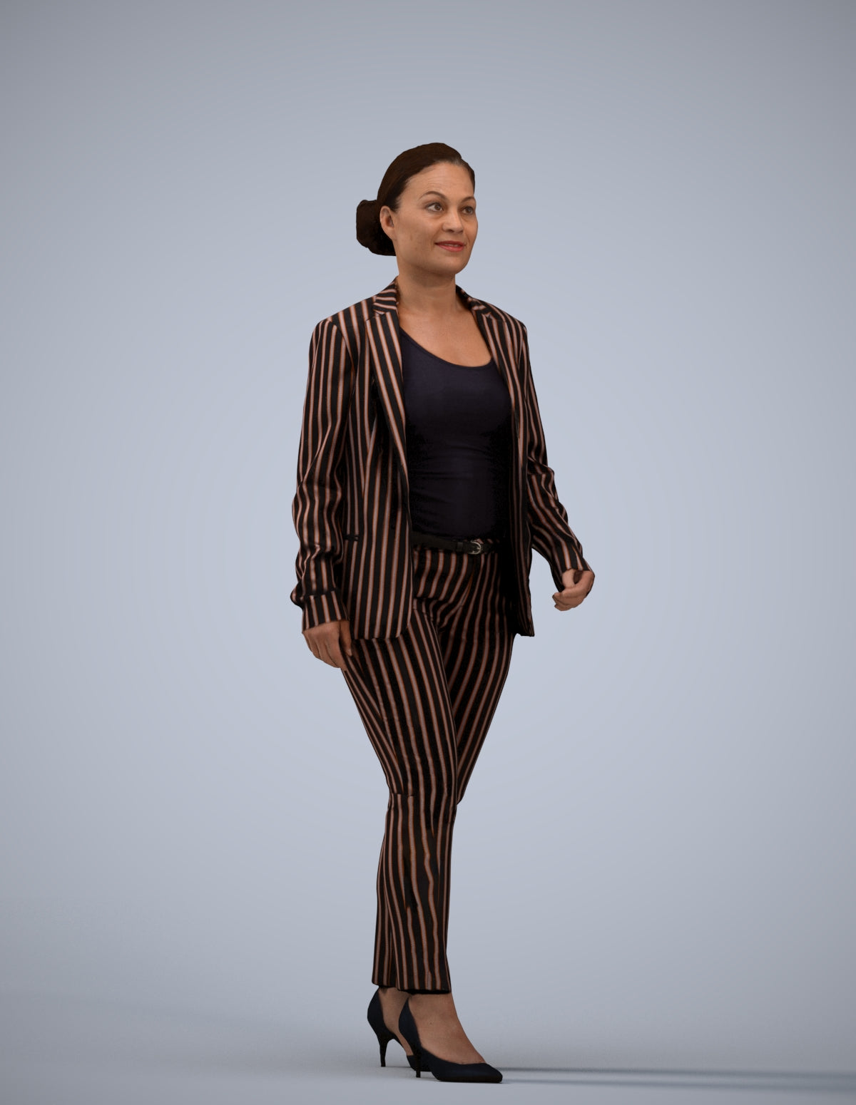 3D human model woman business walking, photogrammetry scanned person for archviz
