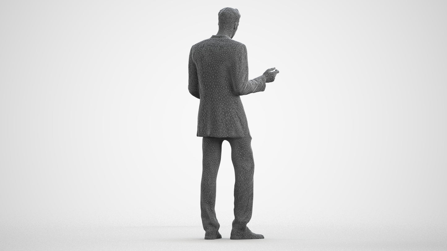 3D human model man business, photogrammetry scanned person for archviz, wireframe front view