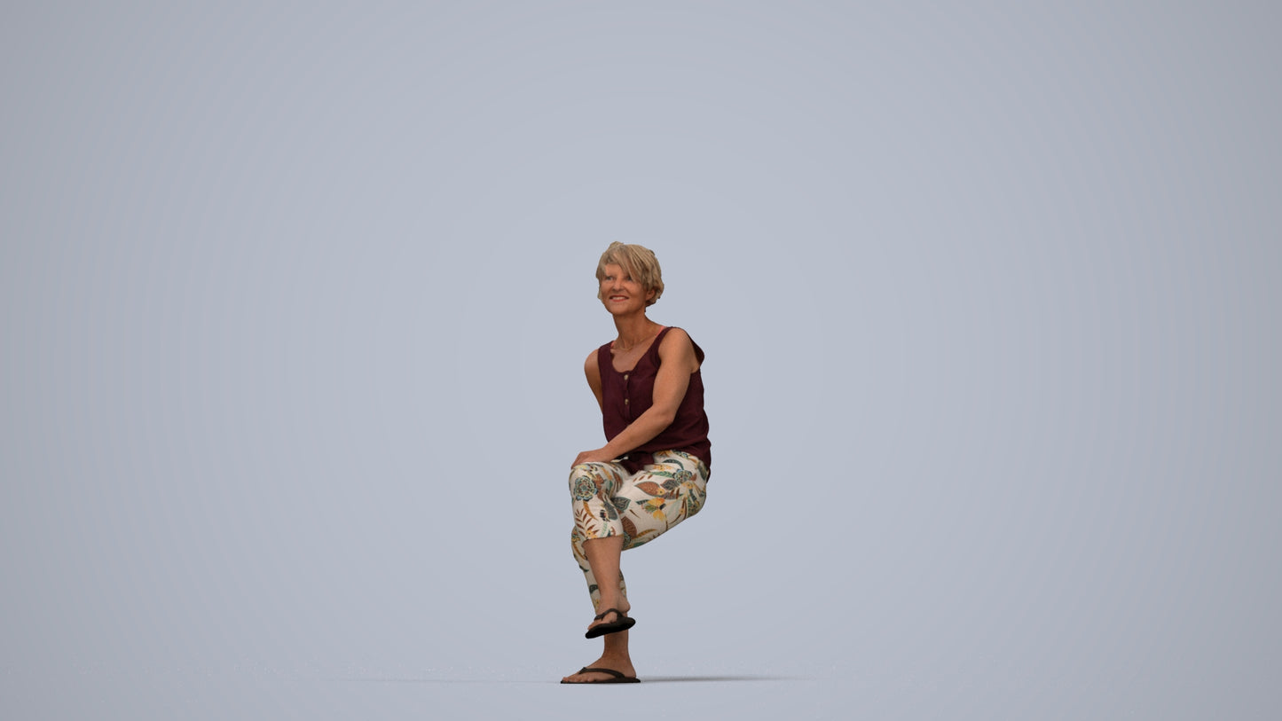 3D human model senior woman sitting, photogrammetry scanned person for archviz, top-down view render
