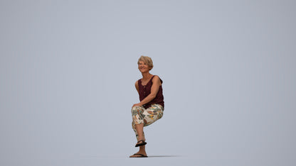 3D human model senior woman sitting, photogrammetry scanned person for archviz, top-down view render