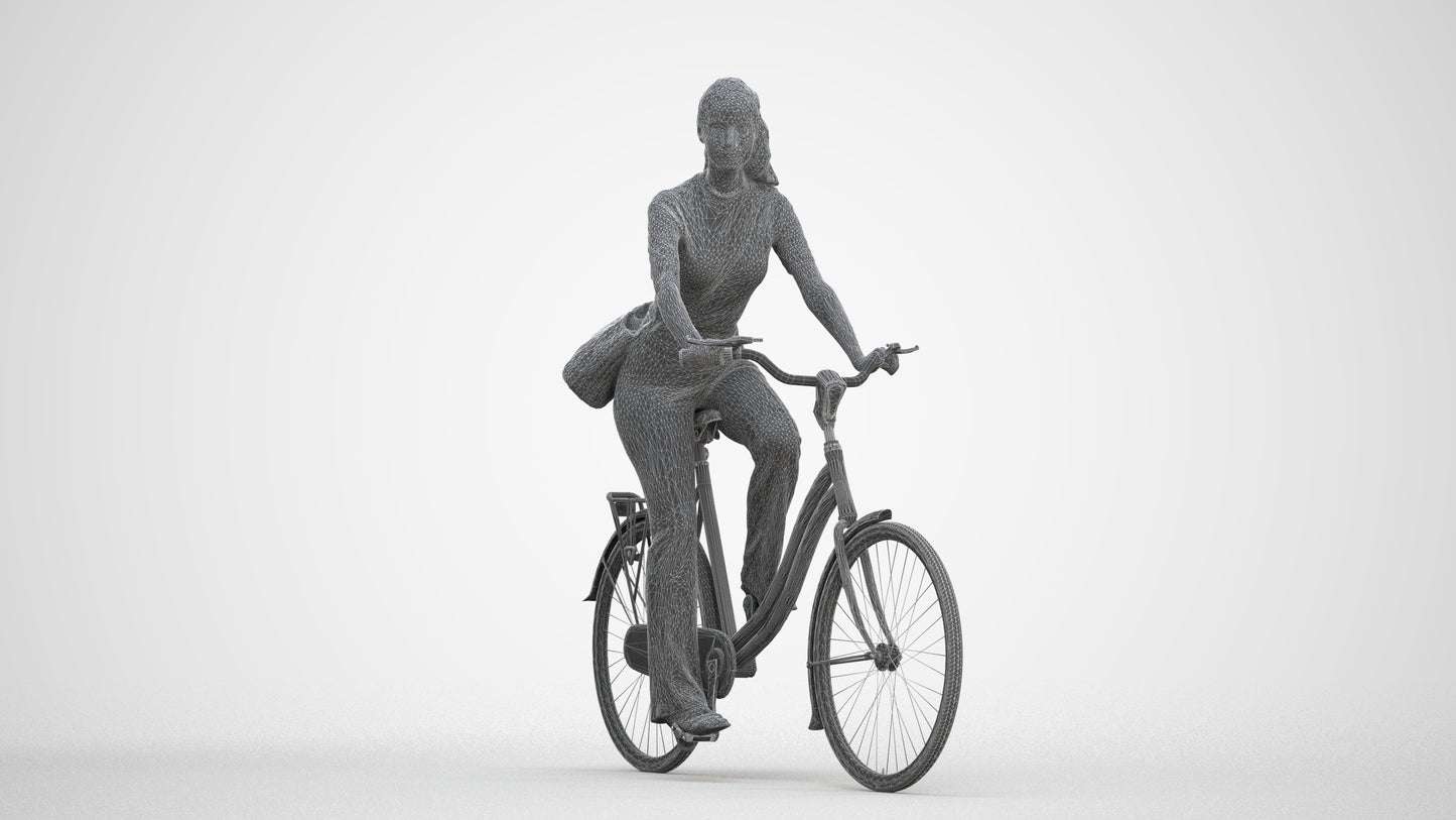 scanned 3D woman casual cycling, photogrammetry people for Enscape and V-Ray, three-quarter front view render
