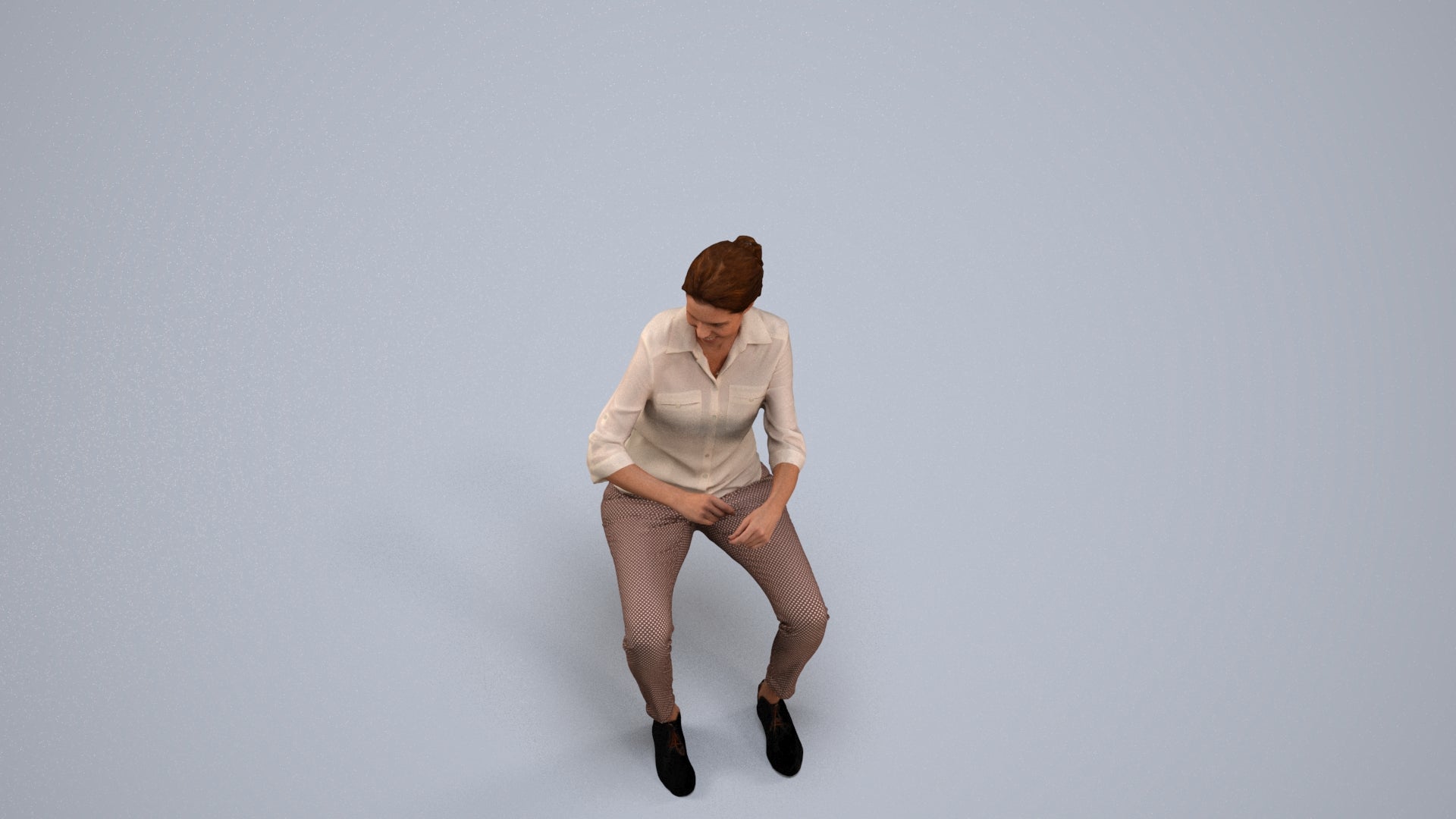 realistic 3D human woman casual sitting, archviz people FBX OBJ for Blender, back view render