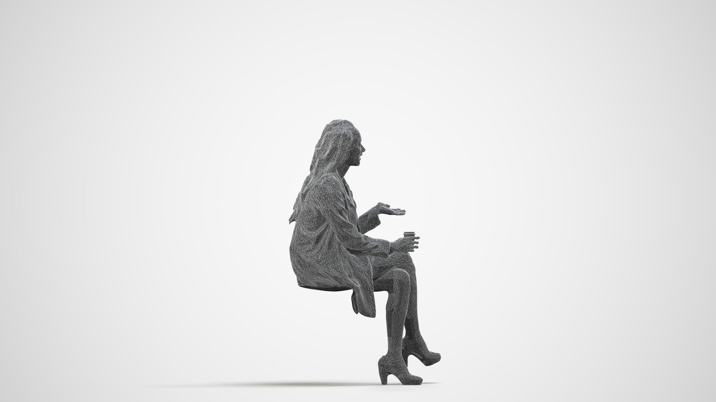3D human model woman business sitting, photogrammetry scanned person for archviz, wireframe side view