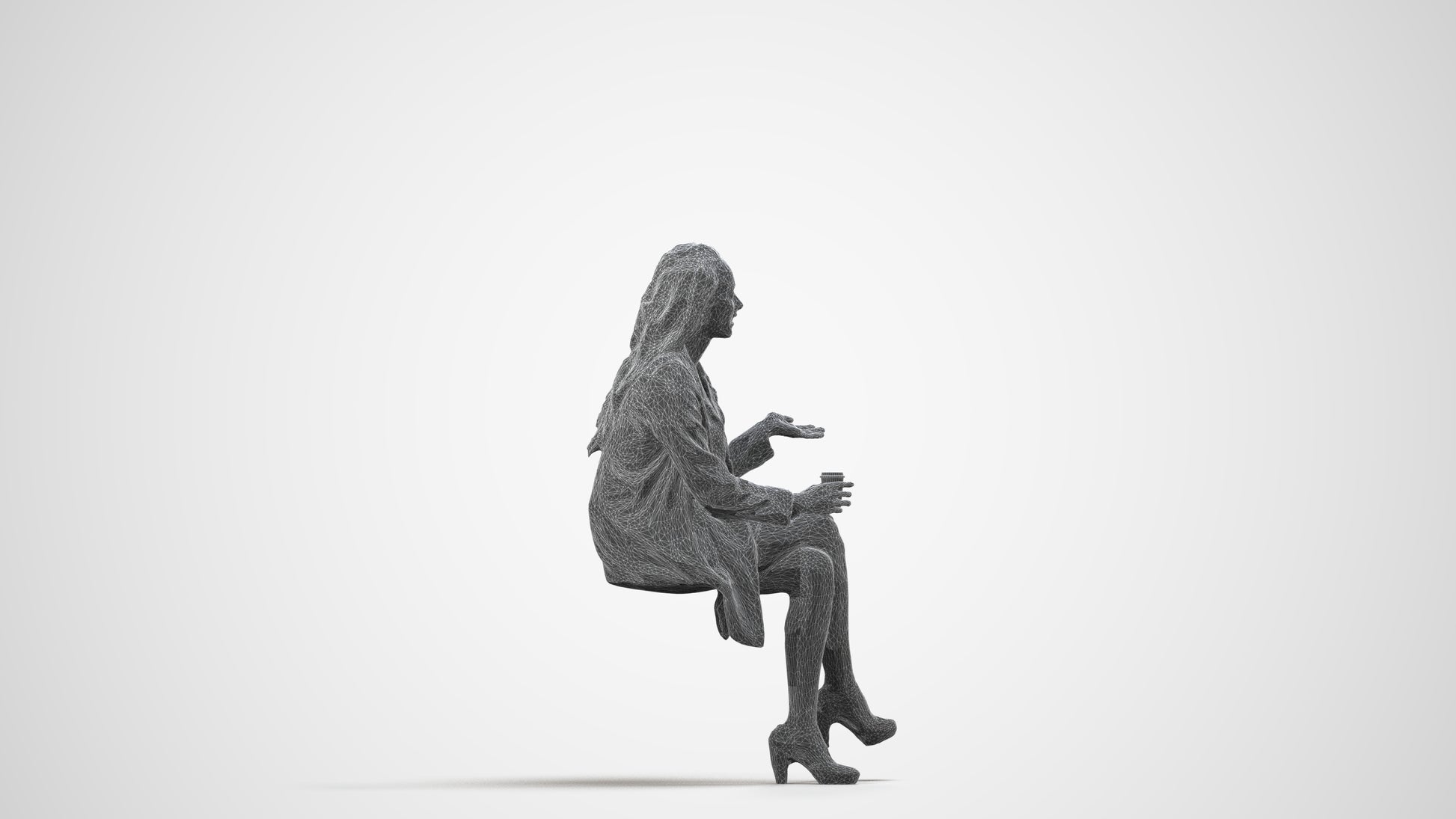 3D human model woman business sitting, photogrammetry scanned person for archviz, wireframe side view