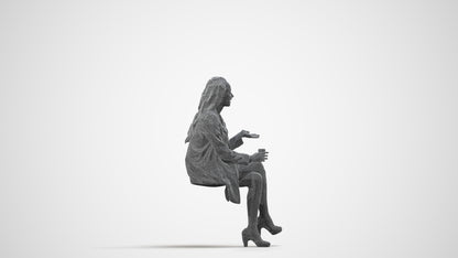 3D human model woman business sitting, photogrammetry scanned person for archviz, wireframe side view
