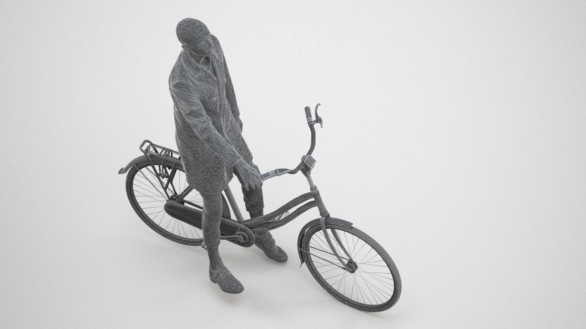 3D people model man business cycling, scanned human for 3ds Max rendering, wireframe three-quarter view
