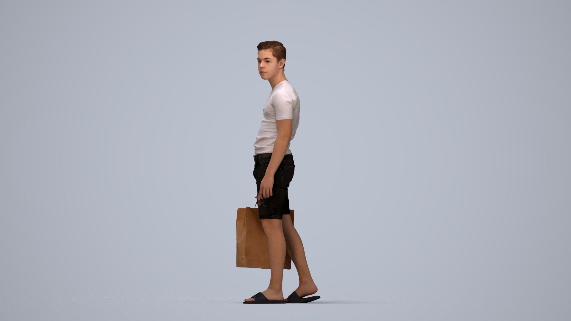 3D human model boy casual kids, photogrammetry scanned person for archviz, top-down view render