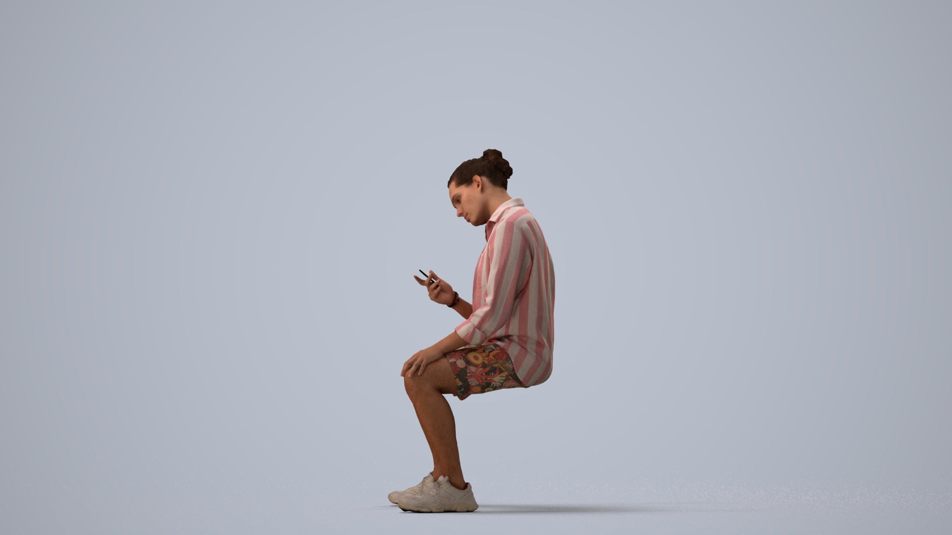 photogrammetry 3D man casual sitting, realistic human model archviz FBX, three-quarter view render