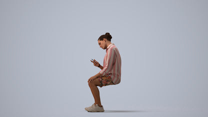 photogrammetry 3D man casual sitting, realistic human model archviz FBX, three-quarter view render
