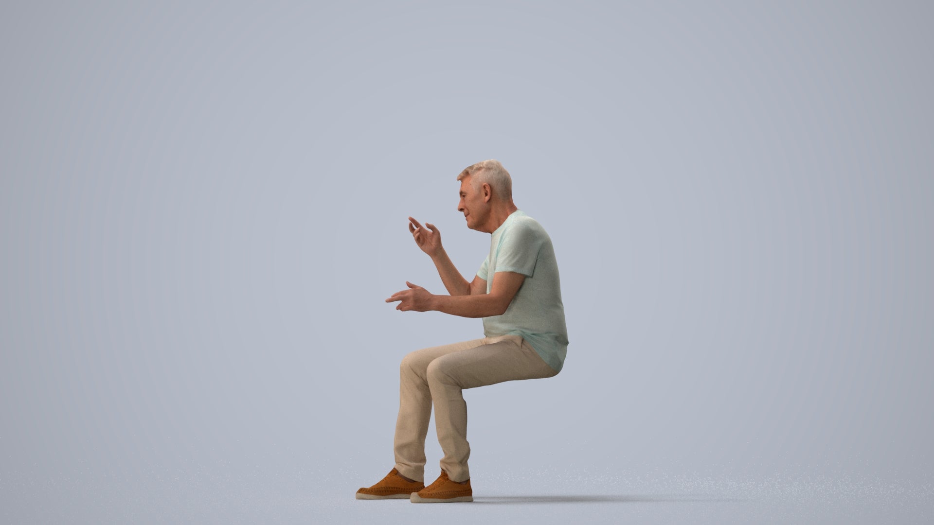 3D human model senior man casual sitting, photogrammetry scanned person for archviz, three-quarter view render