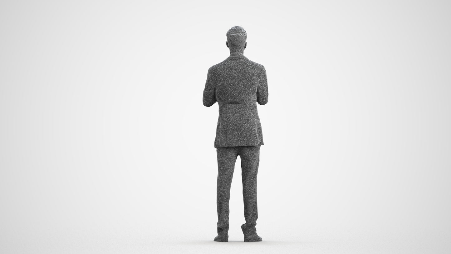 3D human model man business, photogrammetry scanned person for archviz, wireframe front view