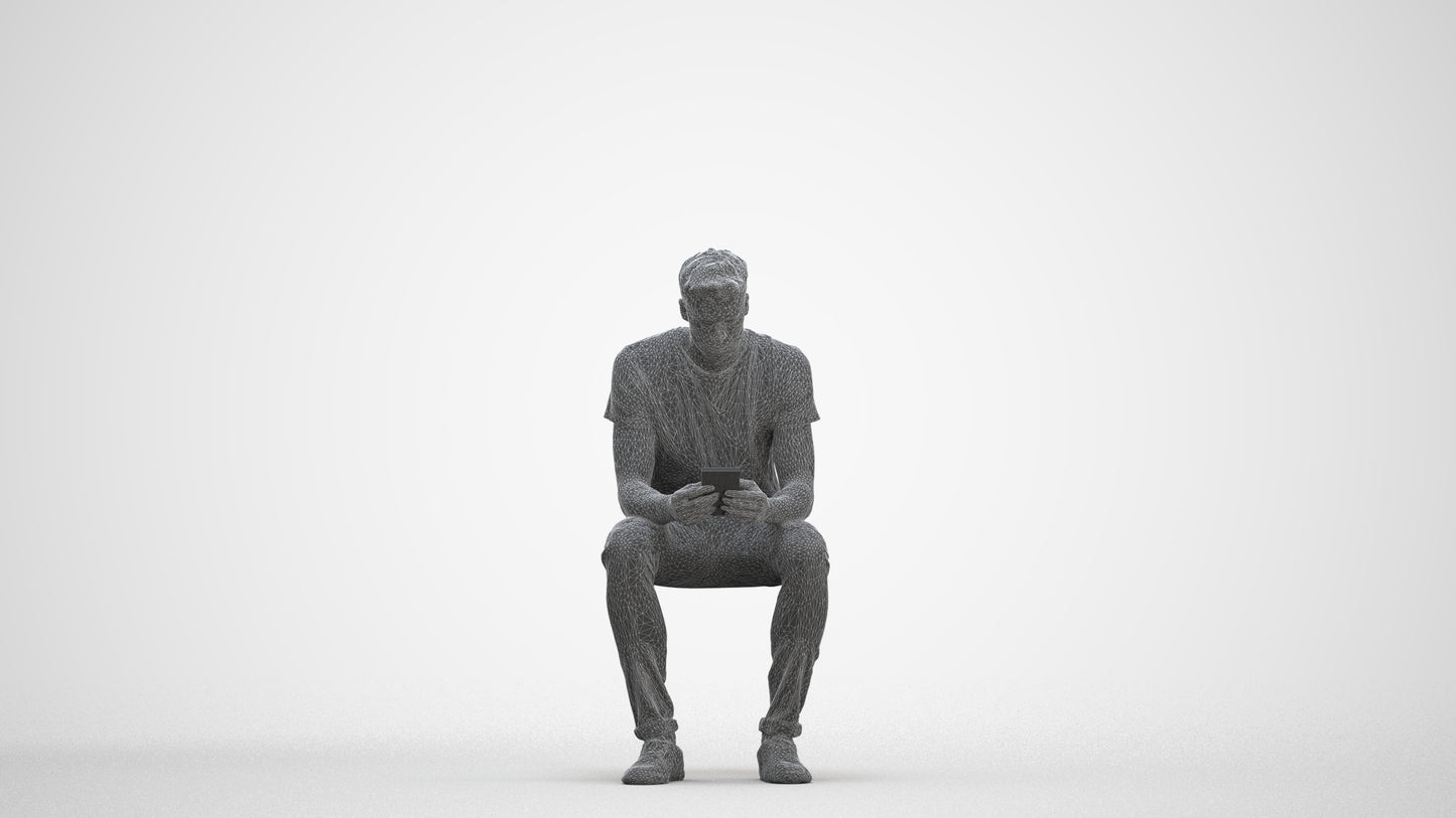 3D scanned man sitting casual, photorealistic archviz people for Enscape and SketchUp, three-quarter front view render