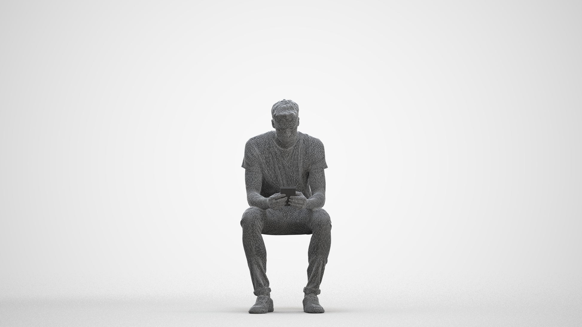 3D scanned man sitting casual, photorealistic archviz people for Enscape and SketchUp, three-quarter front view render