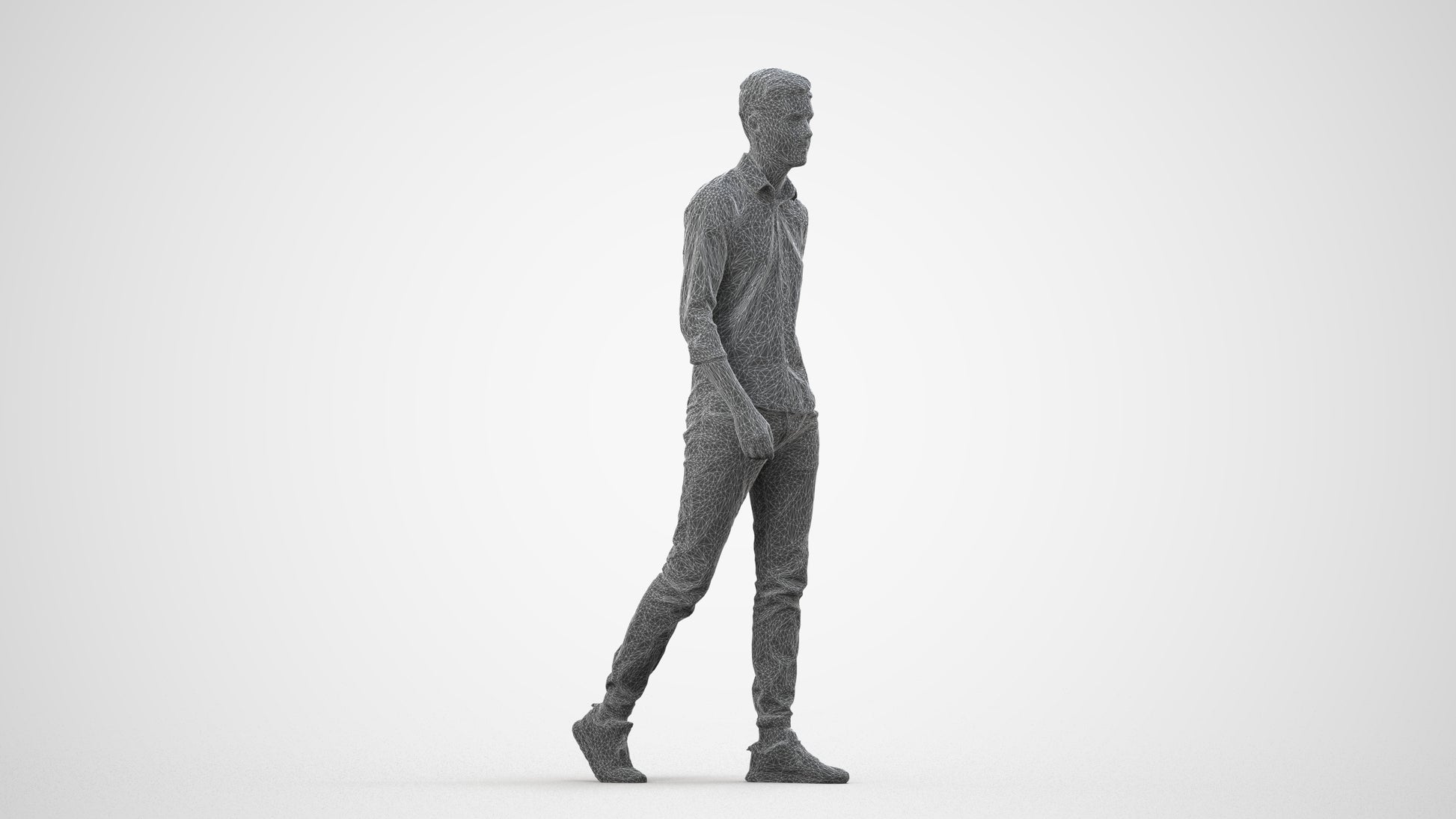 realistic 3D man casual walking, scanned archviz people for Blender and 3ds Max, wireframe side view