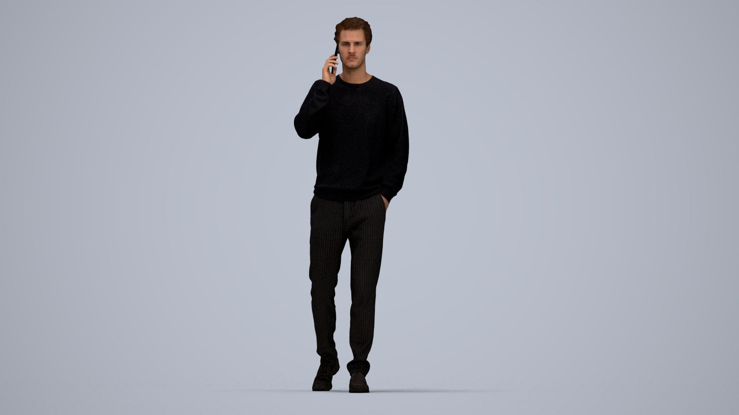 3D human model man casual walking, photogrammetry scanned person for archviz, top-down view render