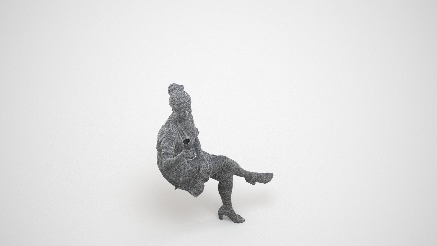3D people model woman casual sitting, scanned human for 3ds Max rendering, wireframe three-quarter view