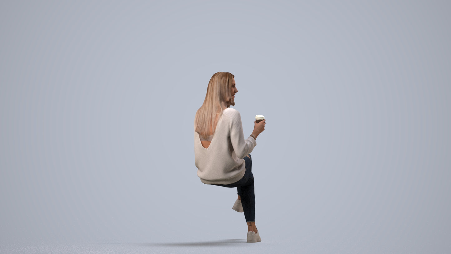 3D scanned woman sitting casual, photorealistic archviz people for Enscape and SketchUp, side view render