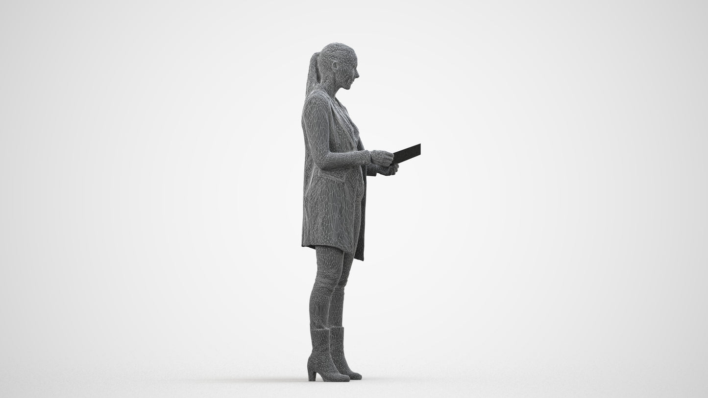 scanned 3D woman business standing, photogrammetry people for Enscape and V-Ray, wireframe side view