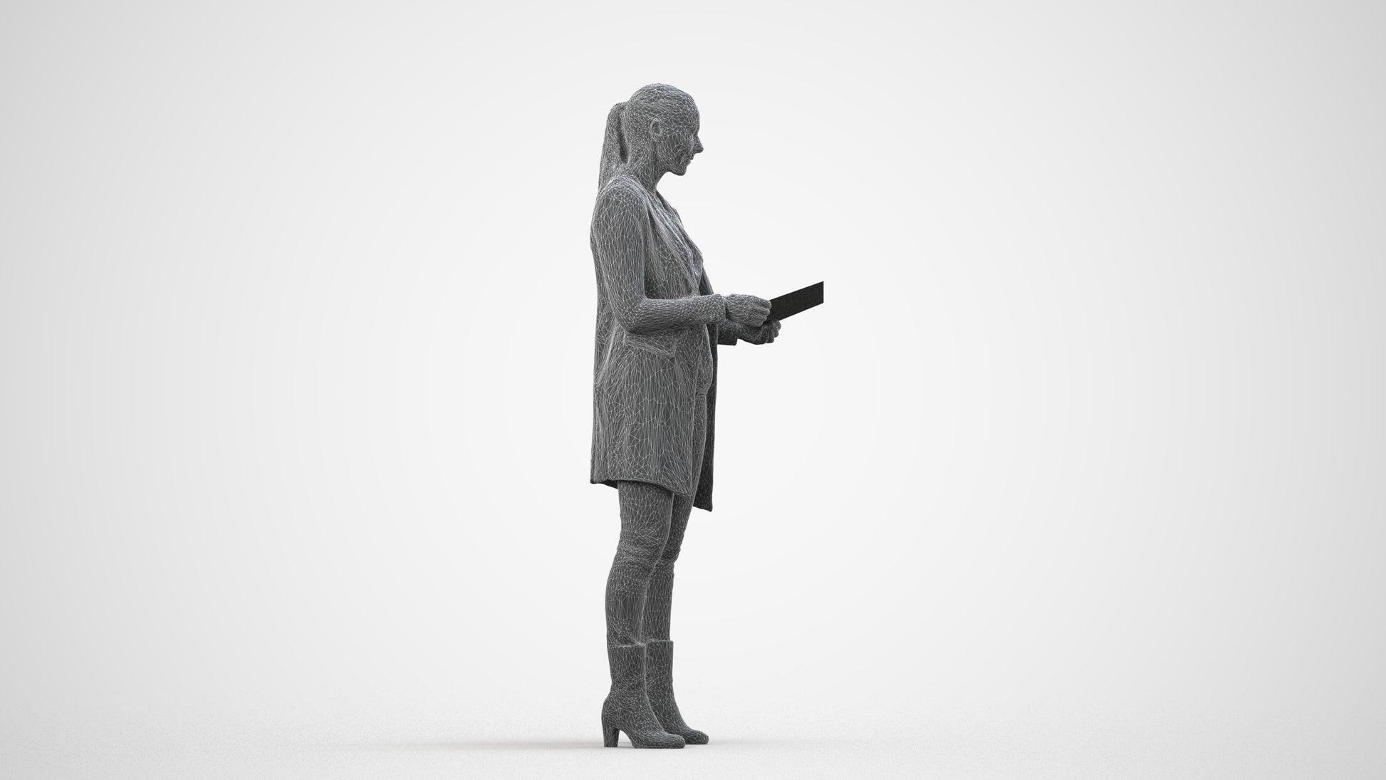 scanned 3D woman business standing, photogrammetry people for Enscape and V-Ray, wireframe side view