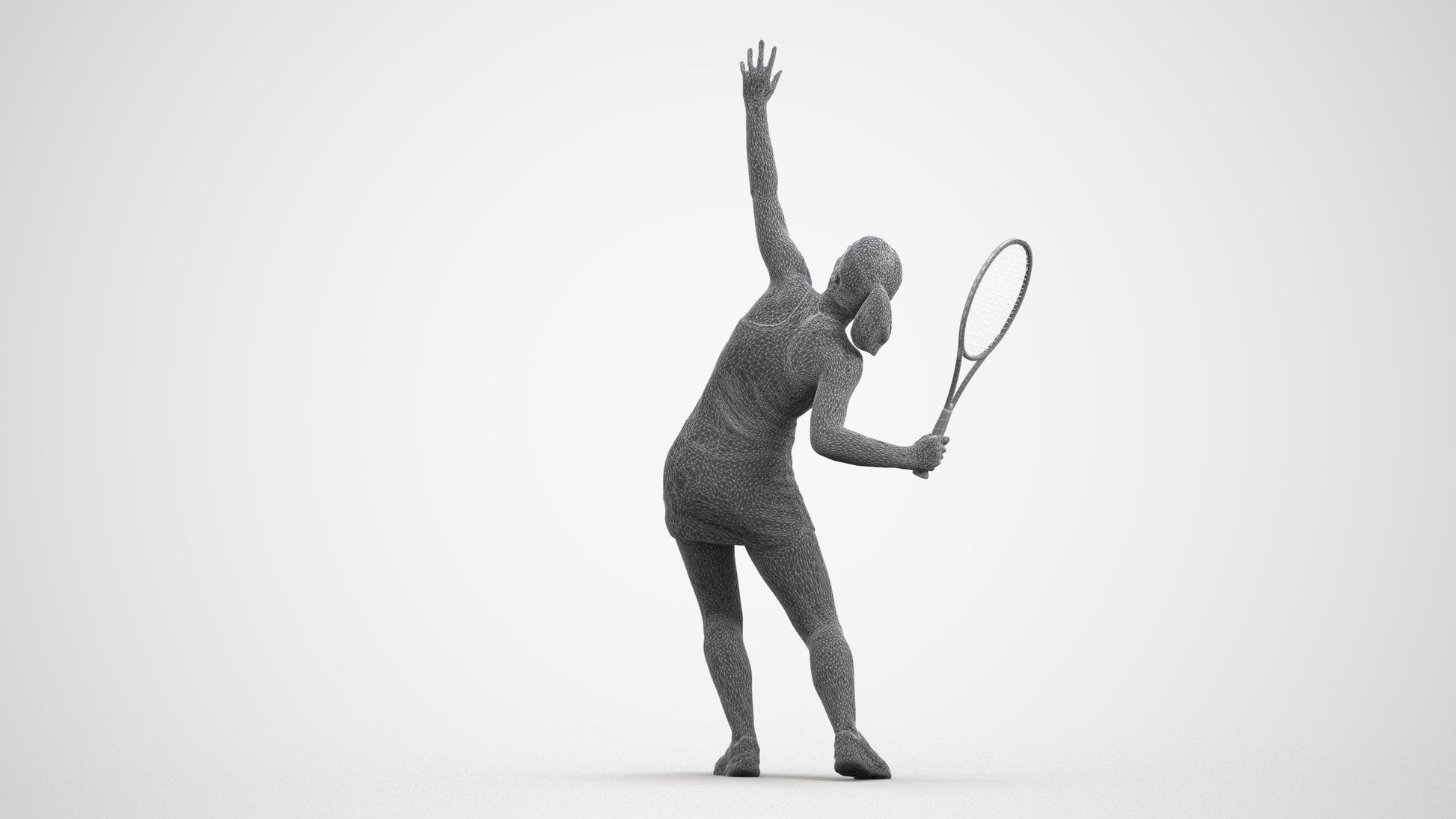 3D human model girl sport, photogrammetry scanned person for archviz, wireframe front view