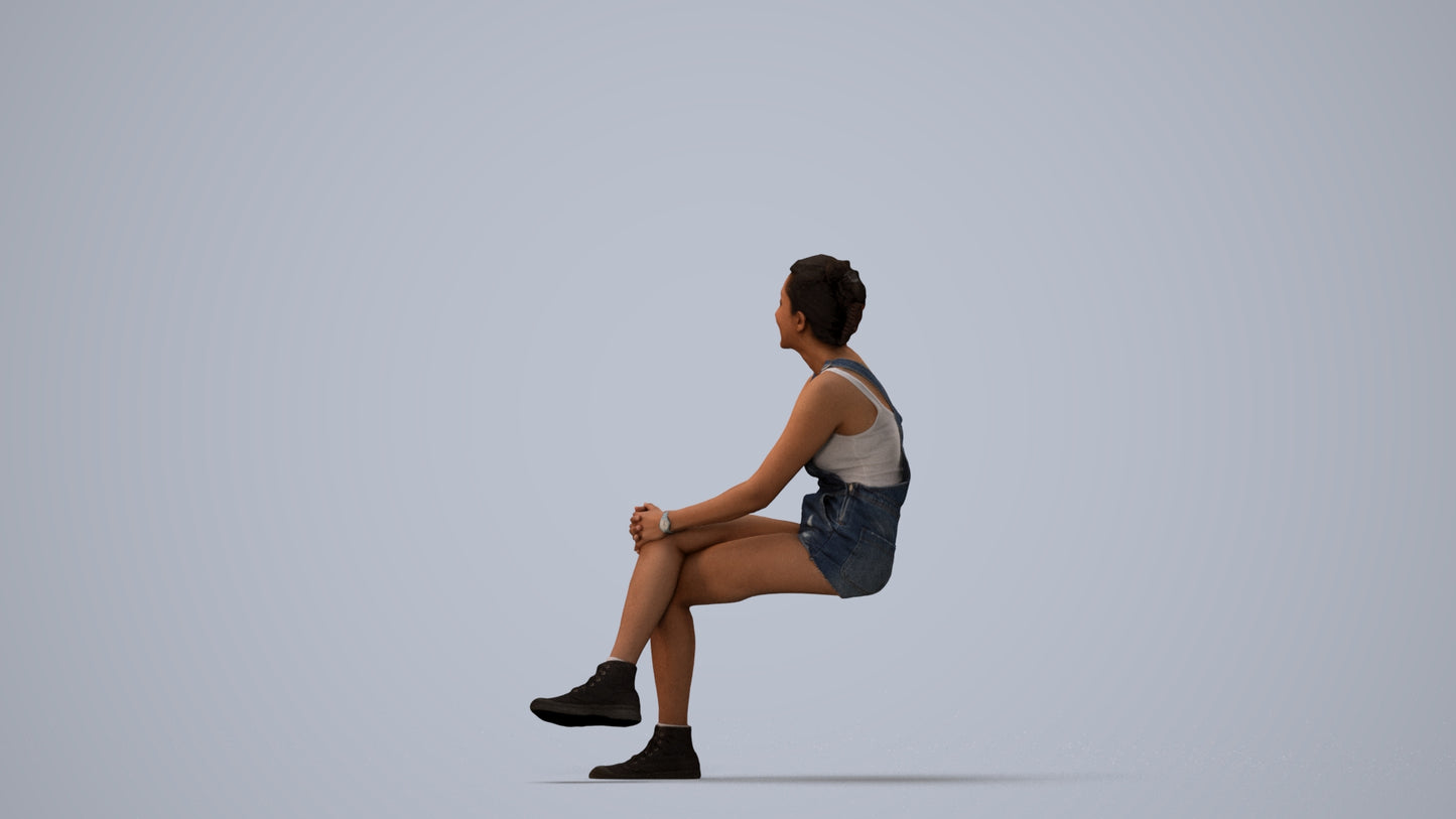 realistic 3D woman casual sitting, scanned archviz people for Blender and 3ds Max, three-quarter view render