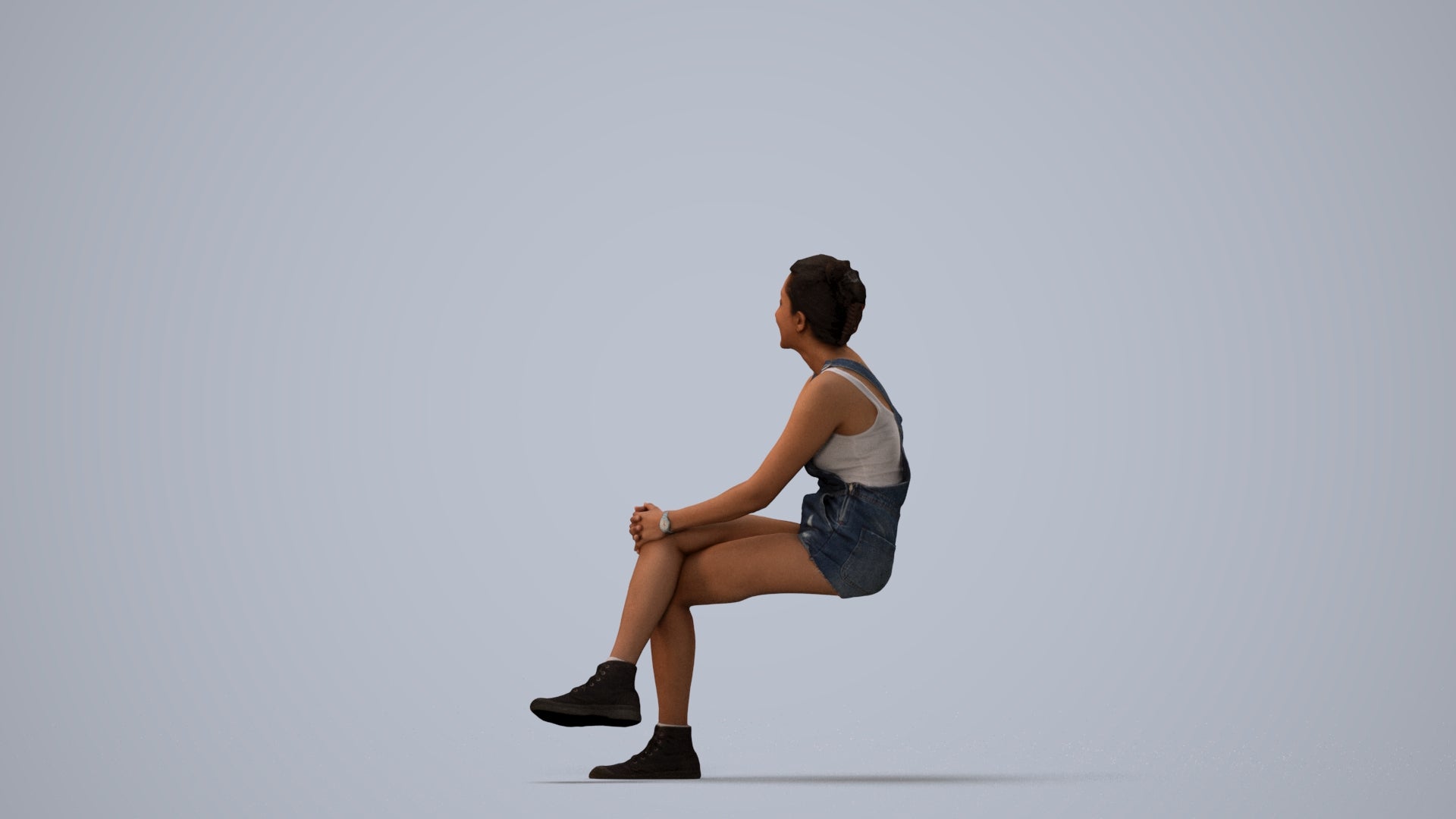 realistic 3D woman casual sitting, scanned archviz people for Blender and 3ds Max, three-quarter view render