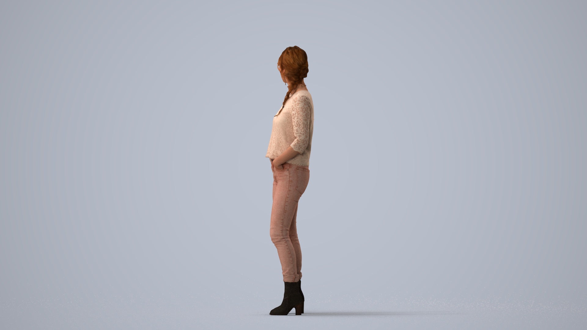 scanned 3D woman casual standing, photogrammetry people for Enscape and V-Ray, three-quarter view render