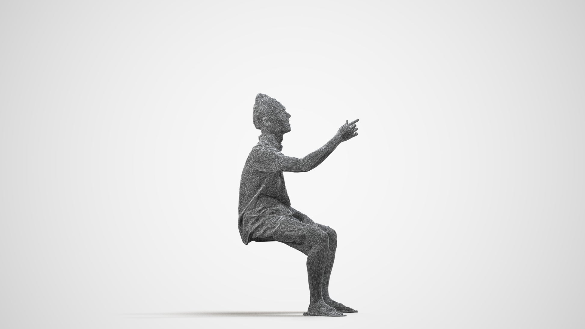 scanned 3D man casual sitting, photogrammetry people for Enscape and V-Ray, wireframe side view