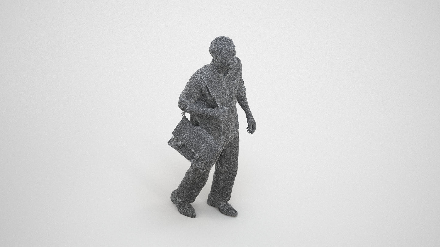 photogrammetry 3D man casual walking, realistic human model archviz FBX, wireframe three-quarter view