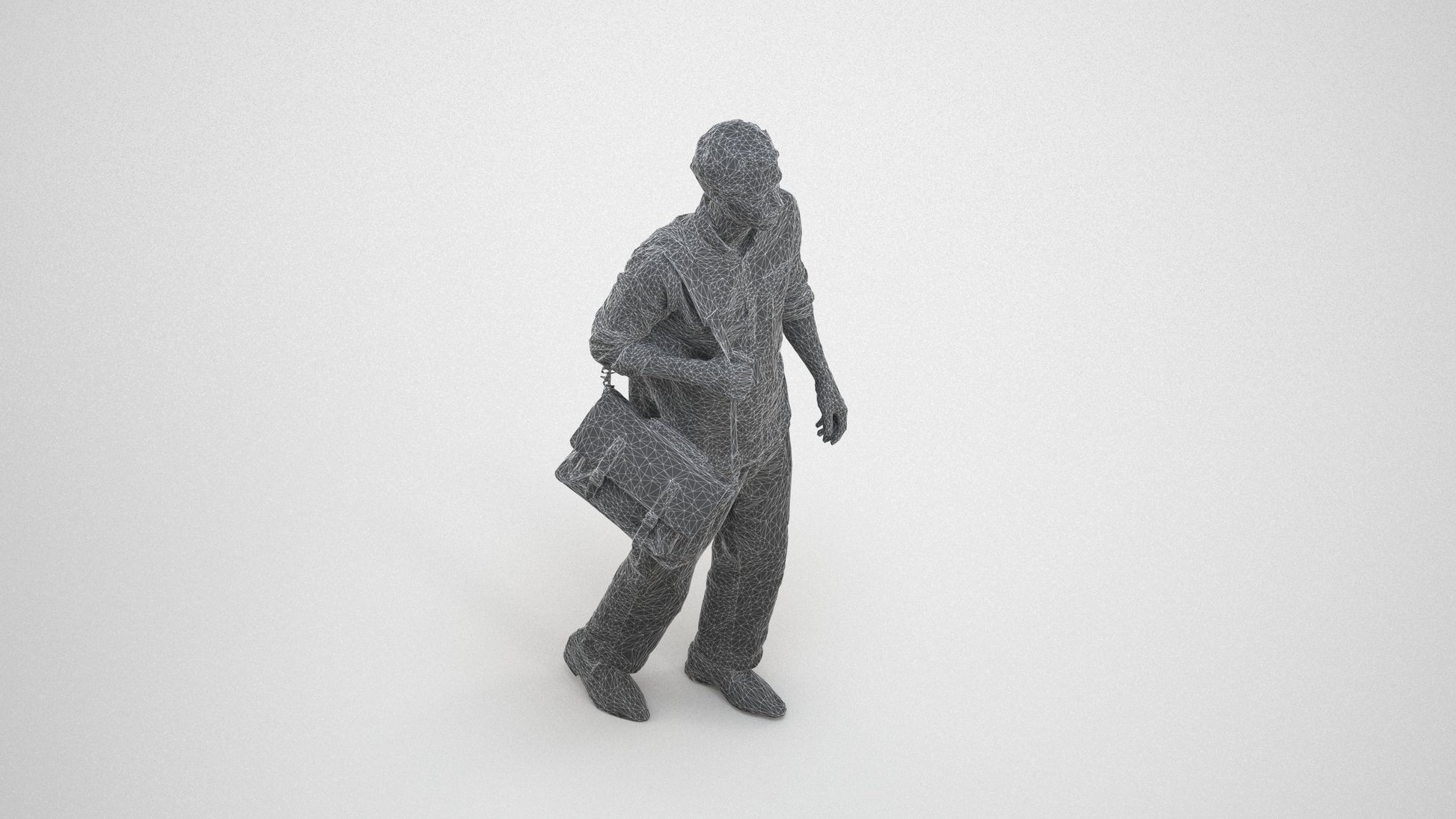 photogrammetry 3D man casual walking, realistic human model archviz FBX, wireframe three-quarter view