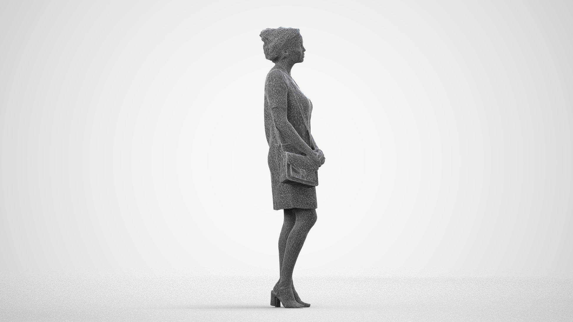 scanned 3D woman business standing, photogrammetry people for Enscape and V-Ray, wireframe side view
